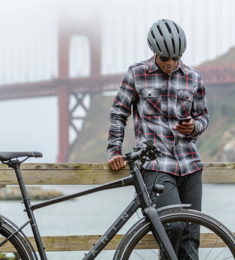 A Marin Presidio and rider in front of the Golden Gate Bridge. 